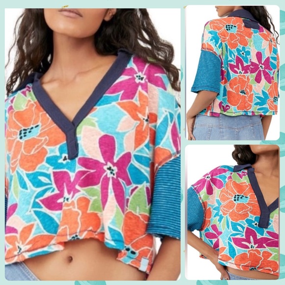 We The Free Tops - 🍒NWT Free People On A Boat Boxy Crop Polo in Coastal. Small.